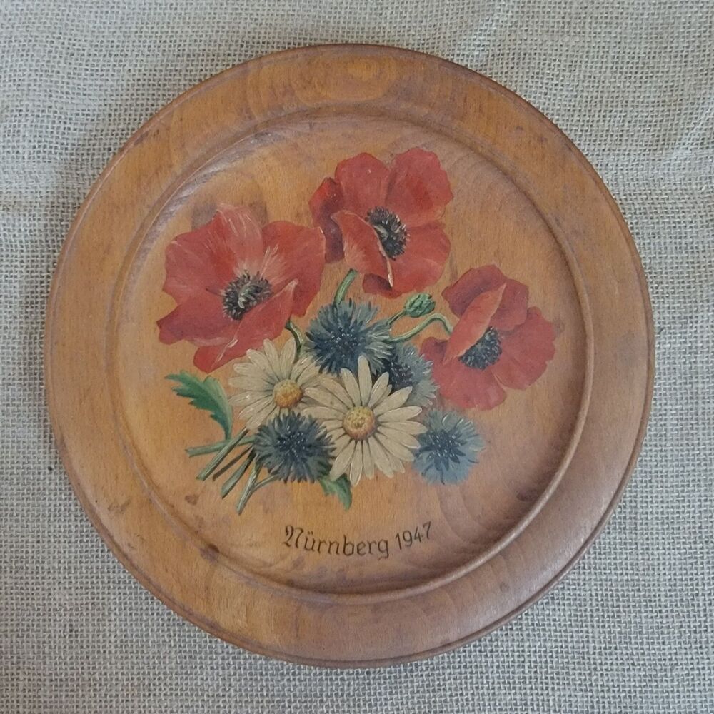 Wooden Decorative Plate Nurnberg Germany 1947 10.5"x10.5" Flowers